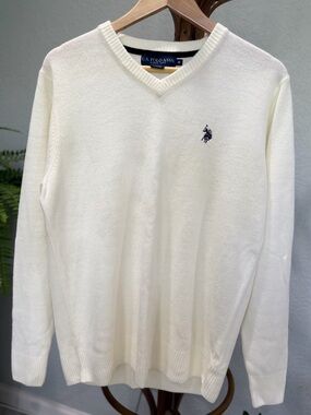 U.S. Polo Assn. Men’s V-Neck Sweater - Cream with Navy Logo